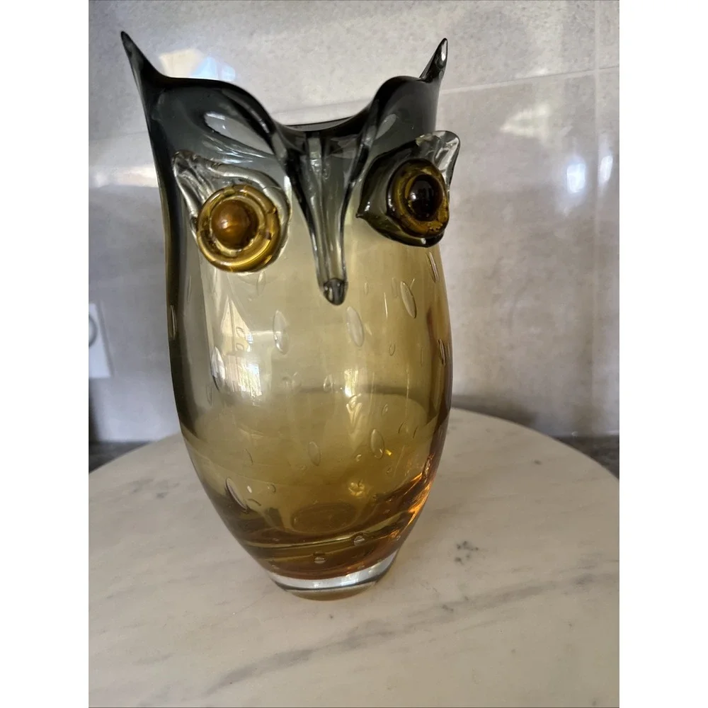 MOUTH BLOWN Amber Gray Vase OWL Shape LARGE 9